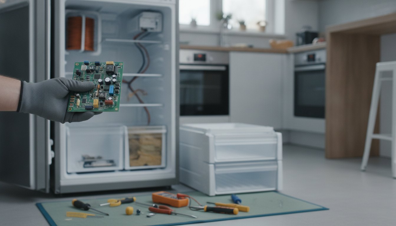 Técnico de manutenção segurando uma placa eletrônica verde diante de um refrigerador desmontado na cozinha.
