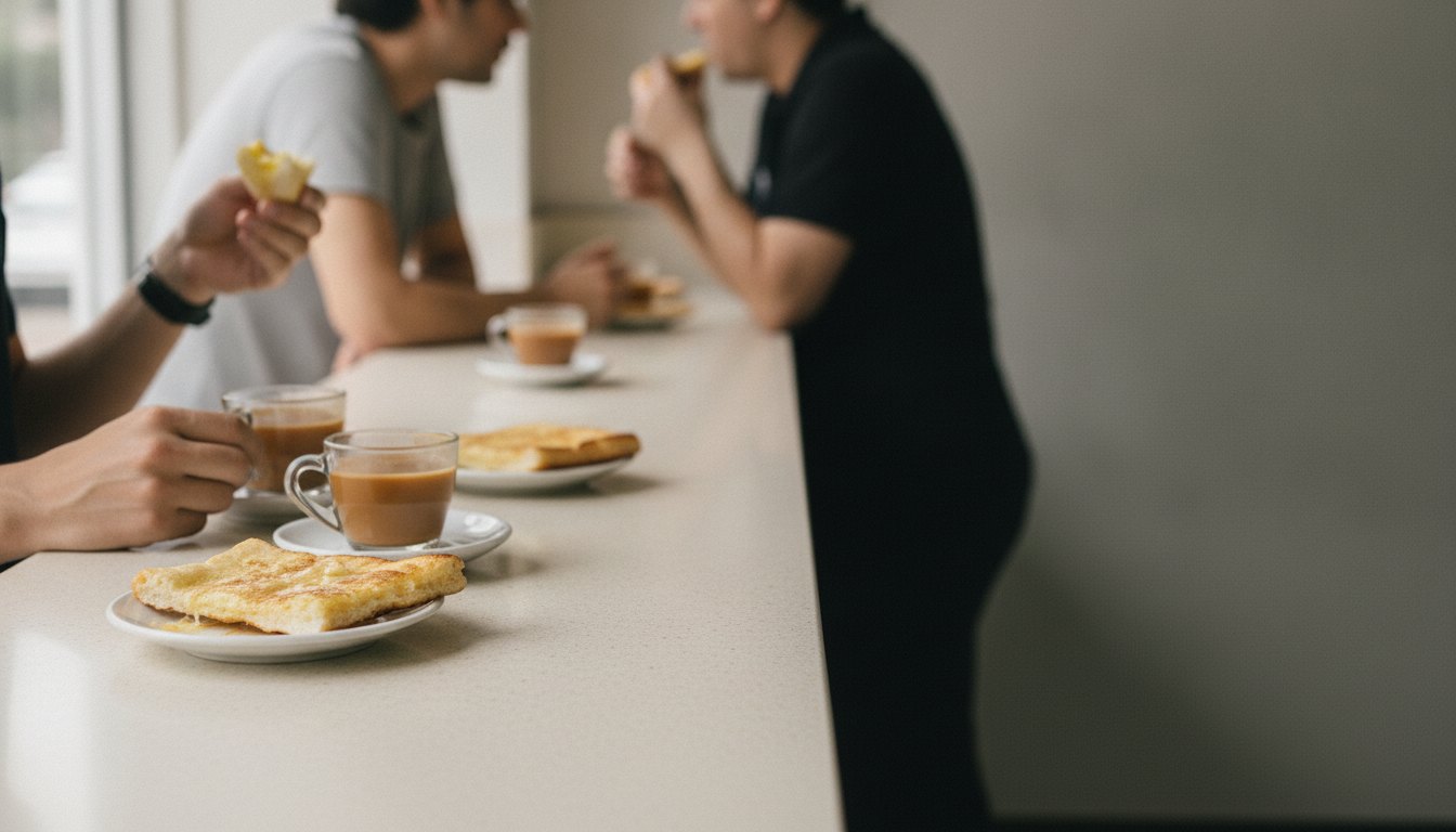 Pessoas encostadas em um balcão de fórmica segurando xícaras de vidro e comendo pão na chapa.
