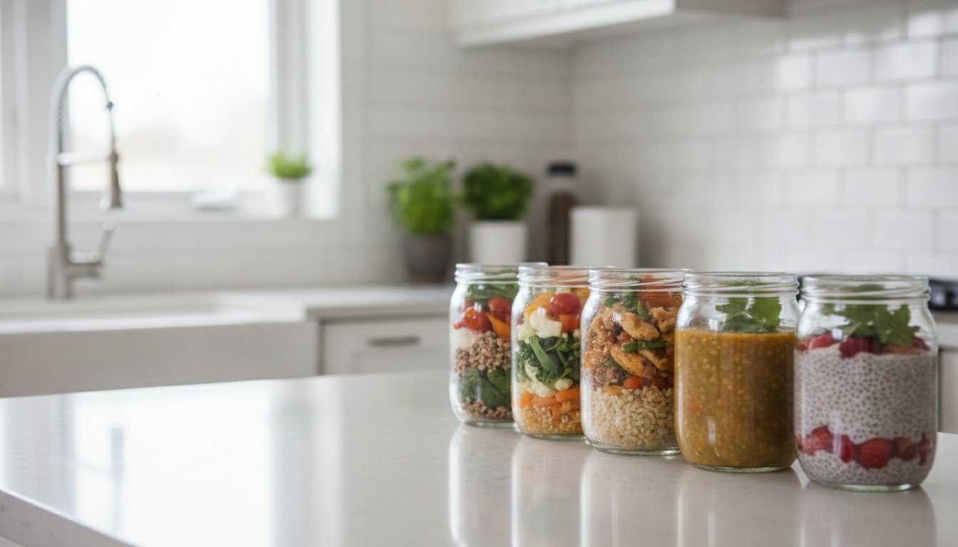 Vários potes de vidro alinhados na bancada da cozinha com refeições prontas para consumo.