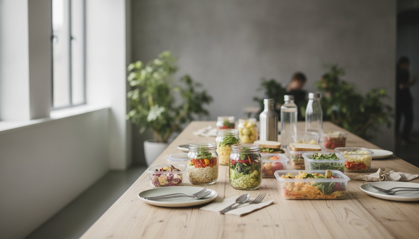 Pessoas almoçando juntas em uma mesa de refeitório de escritório com potes de vidro e plástico.