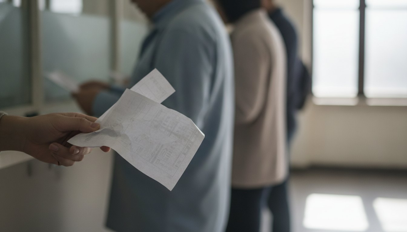 Fila de pessoas segurando boletos impressos em papel aguardando atendimento em um guichê de lotérica.