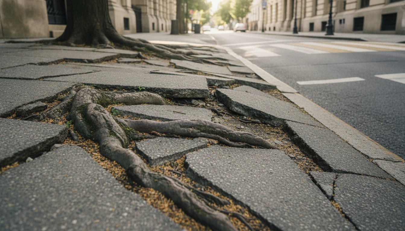Calçada esburacada com raízes de árvore expostas rompendo o concreto em uma rua urbana.