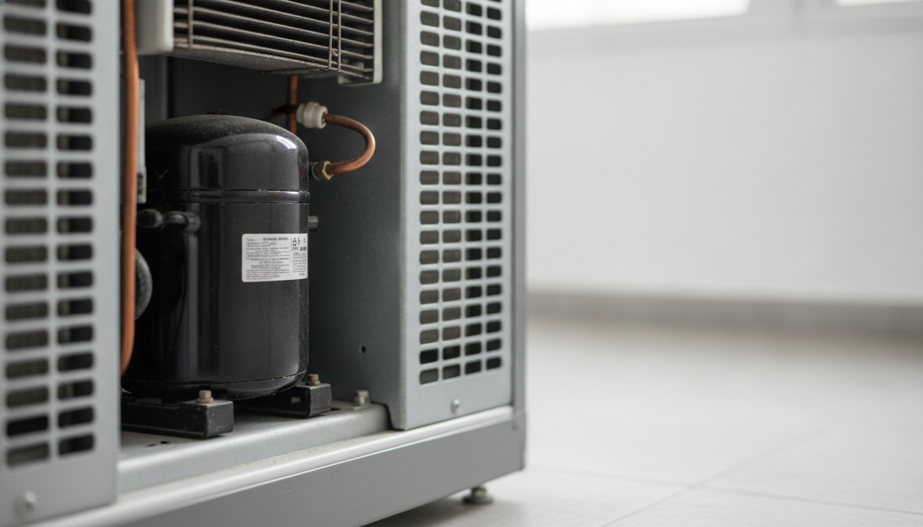Traseira de uma geladeira com foco na área do motor e grades de ventilação