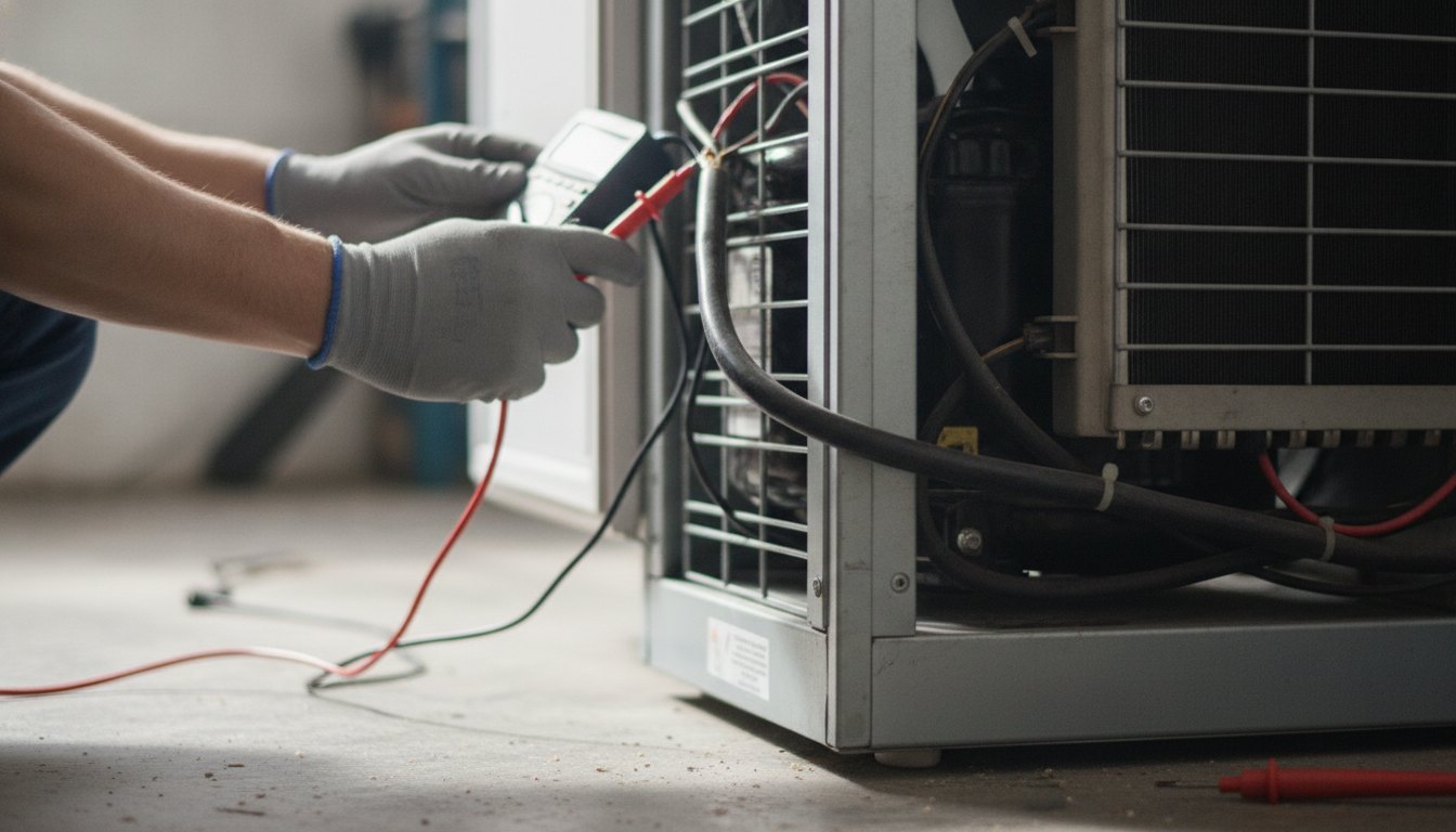 Técnico com multímetro medindo a corrente elétrica na parte traseira inferior de um refrigerador doméstico.