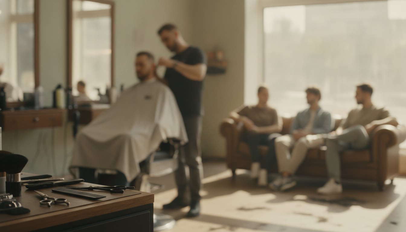 Homem cortando o cabelo em uma barbearia enquanto conversa com outros clientes sentados no sofá.