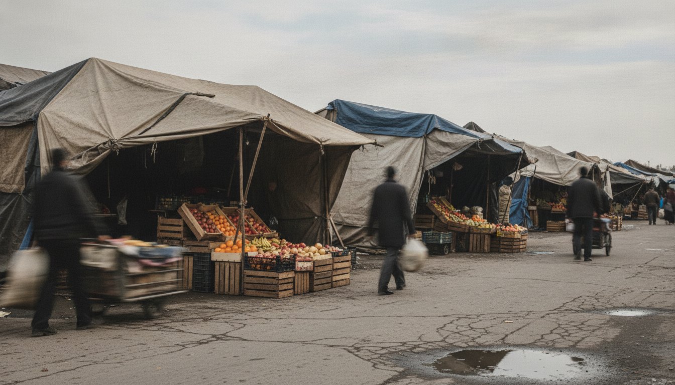 Barracas de lona montadas em uma rua asfaltada com caixas de frutas e pessoas caminhando.