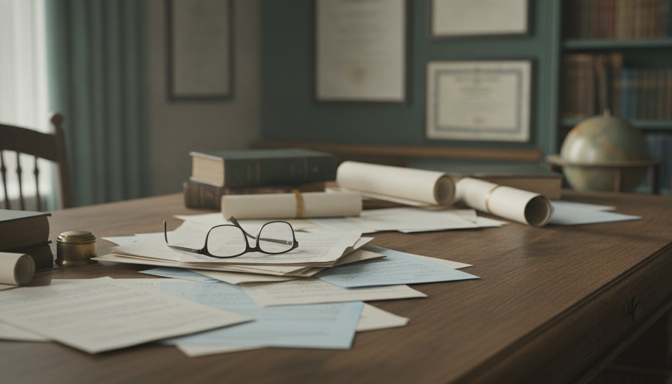 Pessoa com óculos analisando papéis e documentos espalhados sobre uma mesa de madeira.