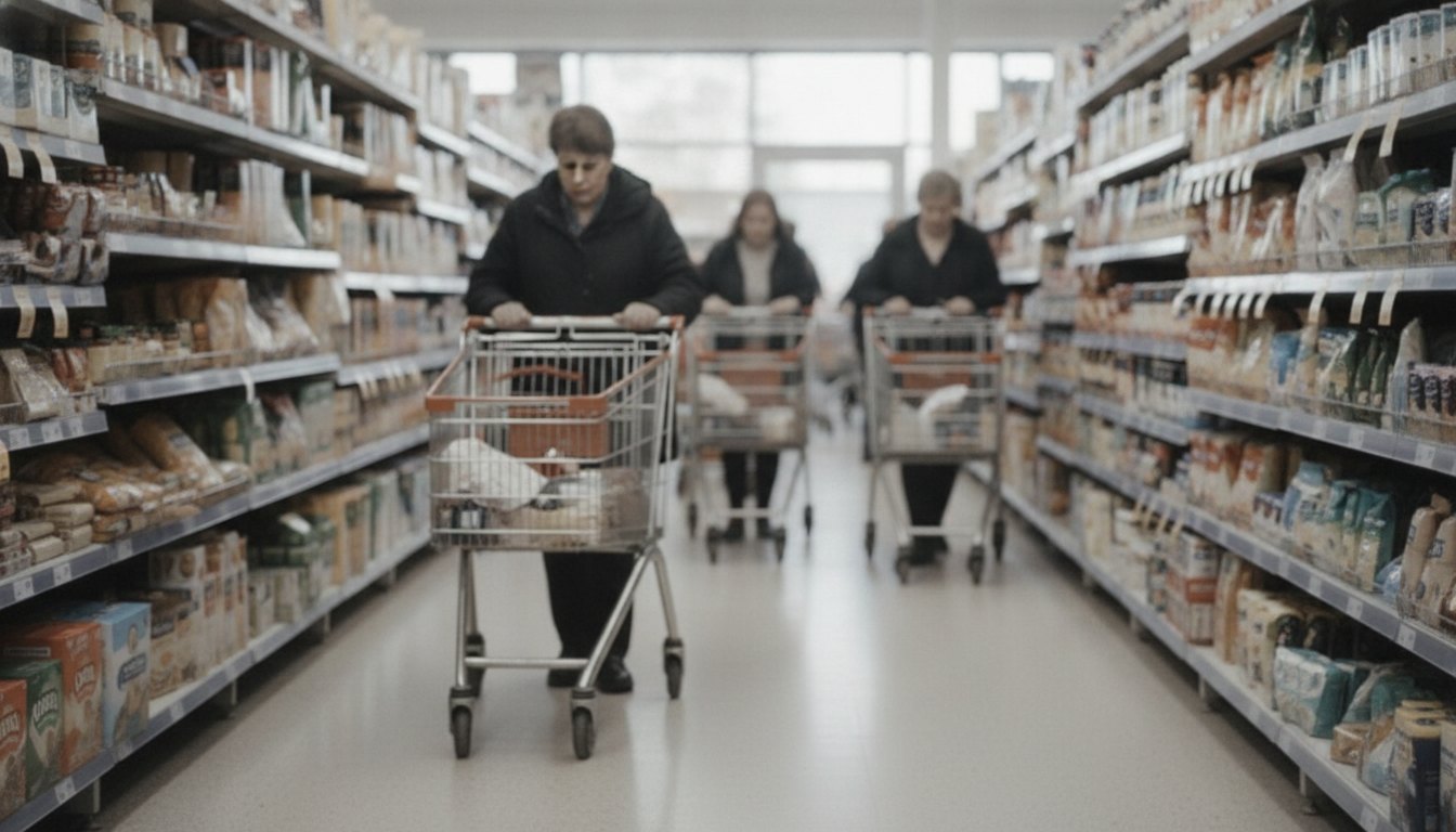Pessoas empurrando carrinhos de compras e dividindo espaço em um corredor de supermercado com prateleiras.