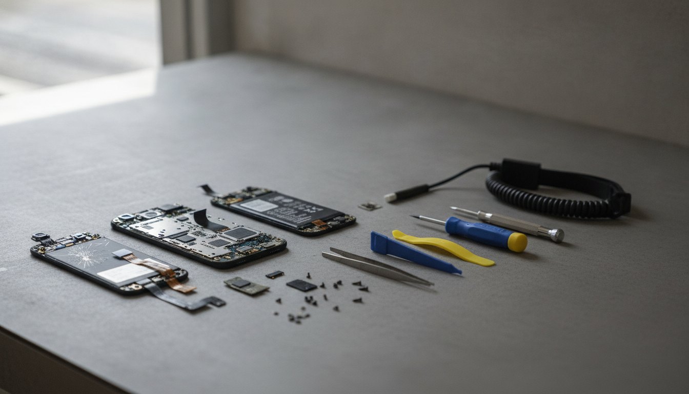 Celular desmontado sobre uma bancada técnica com ferramentas de precisão ao lado.