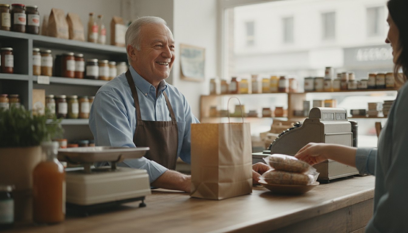 Homem idoso sorrindo enquanto atende uma cliente no balcão de uma pequena mercearia de bairro.