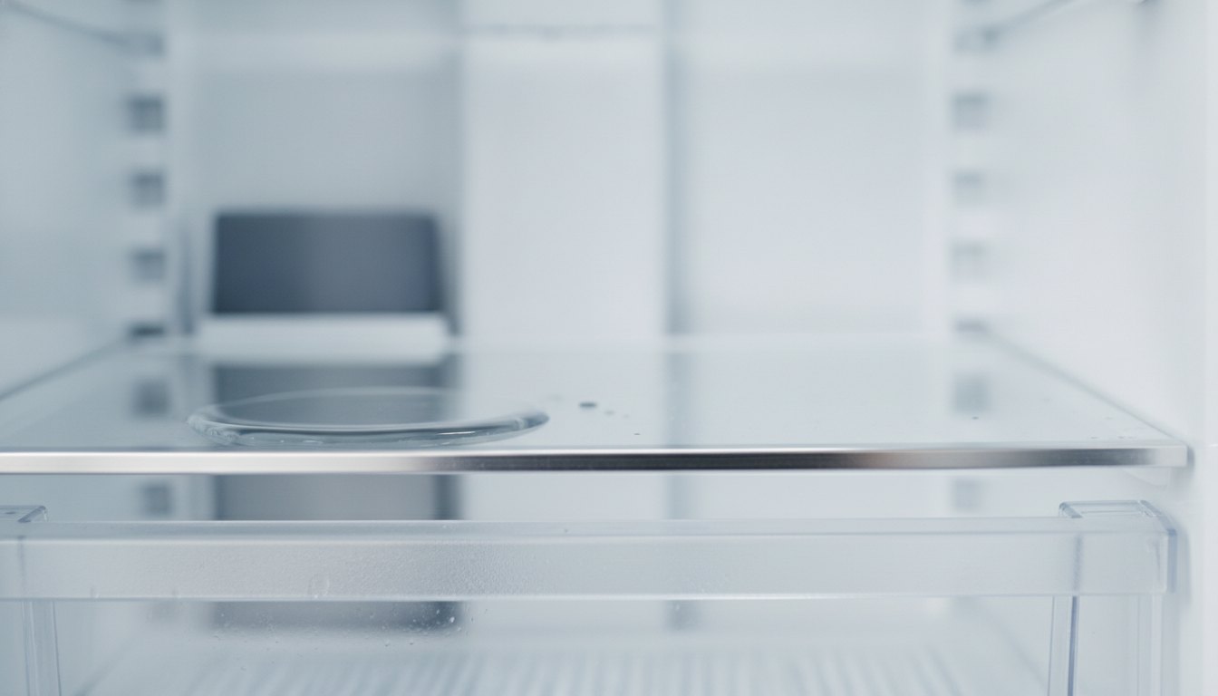 Poça de água acumulada na prateleira inferior de vidro de um refrigerador branco.
