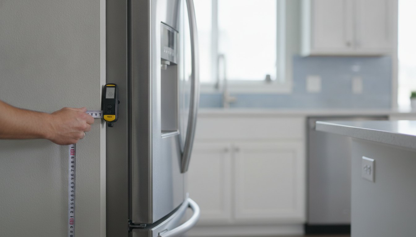 Técnico avaliando a distância entre a parte traseira de um refrigerador e a parede da cozinha.