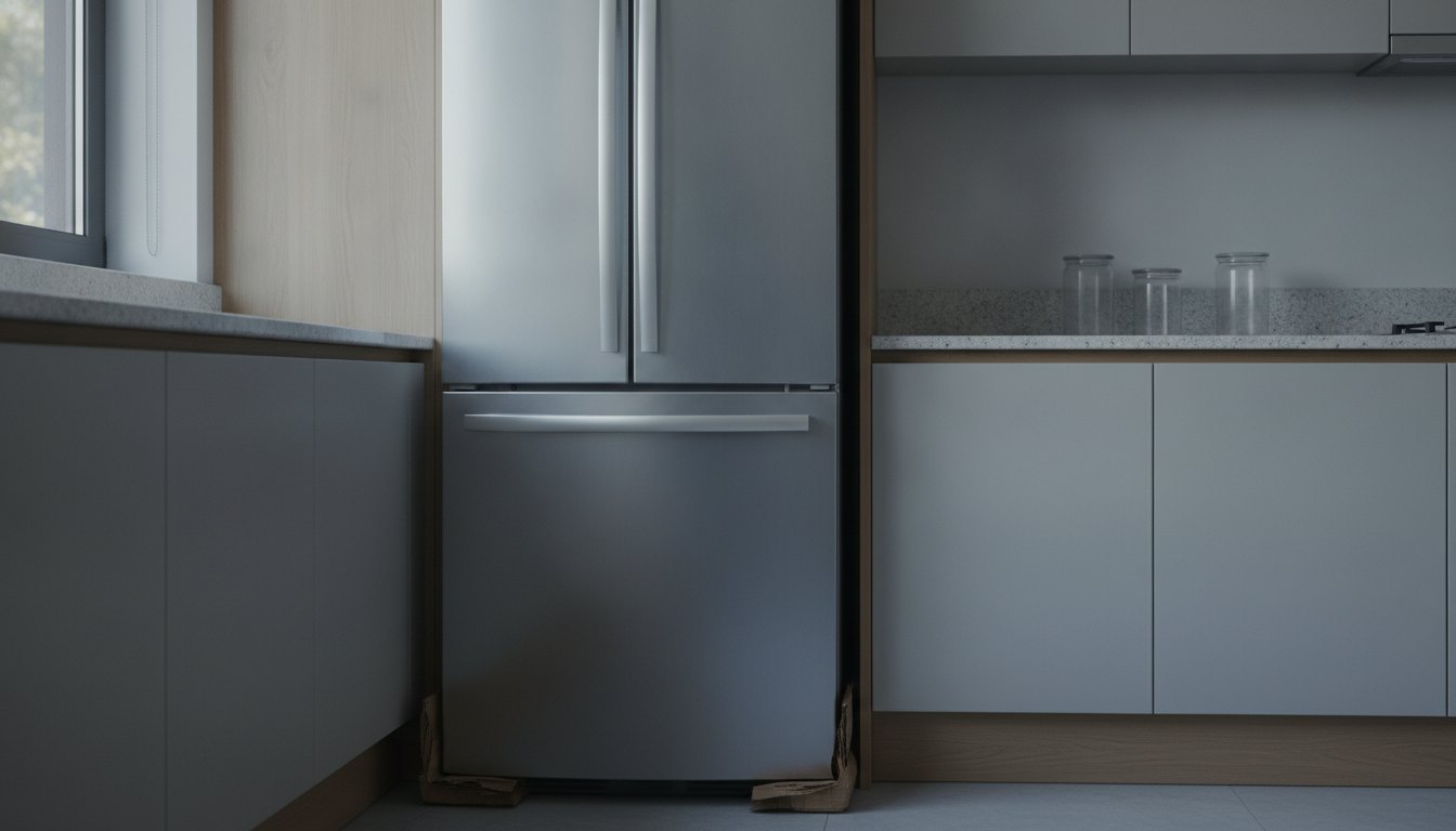 Geladeira inox inclinada em relação aos armários da cozinha, apoiada com calços de papelão nos pés.